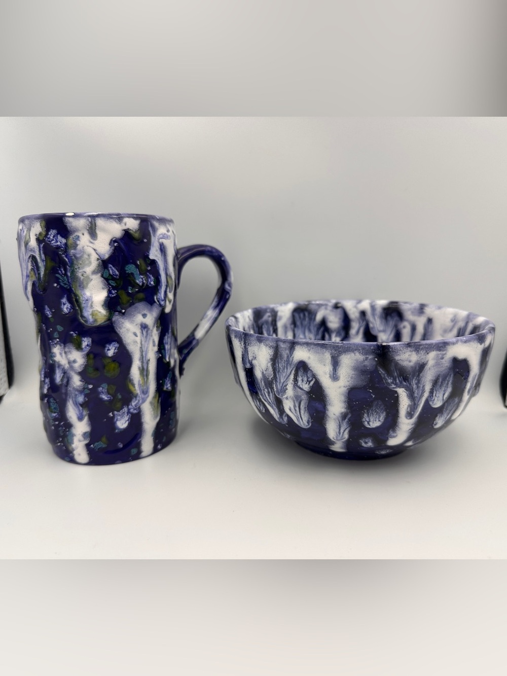 Handmade Studio Pottery Mug & Bowl Set Blue Purple Drip Glaze Artisan Ceramic